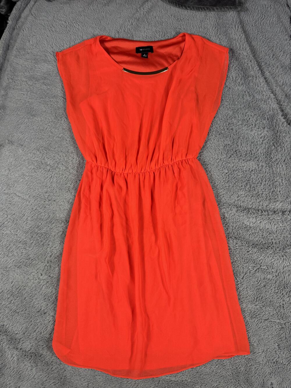AB Studio Dress Womens Small Orange Blouson Scoop Neck Cap Sleeve Knee Length